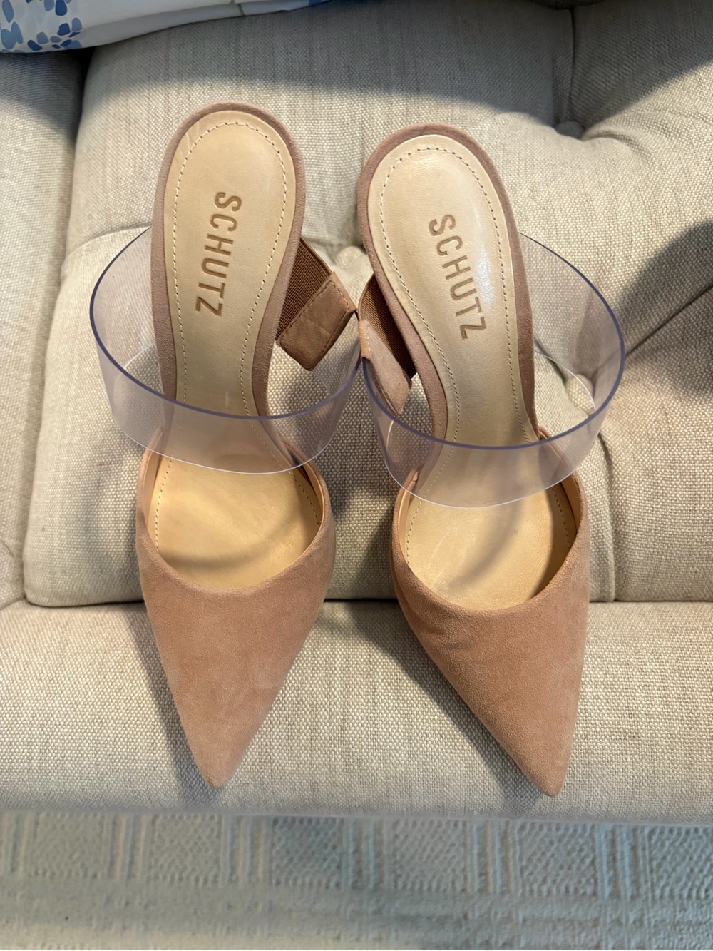 Worn once SCHUTZ Blush Suede Pointed Mule with Clear Band